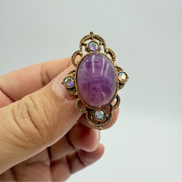 Vintage 1920s Pink Cabochon Pastel Swirl Acrylic AB Rhinestones Gold Tone Brooch - Picture 3 of 6